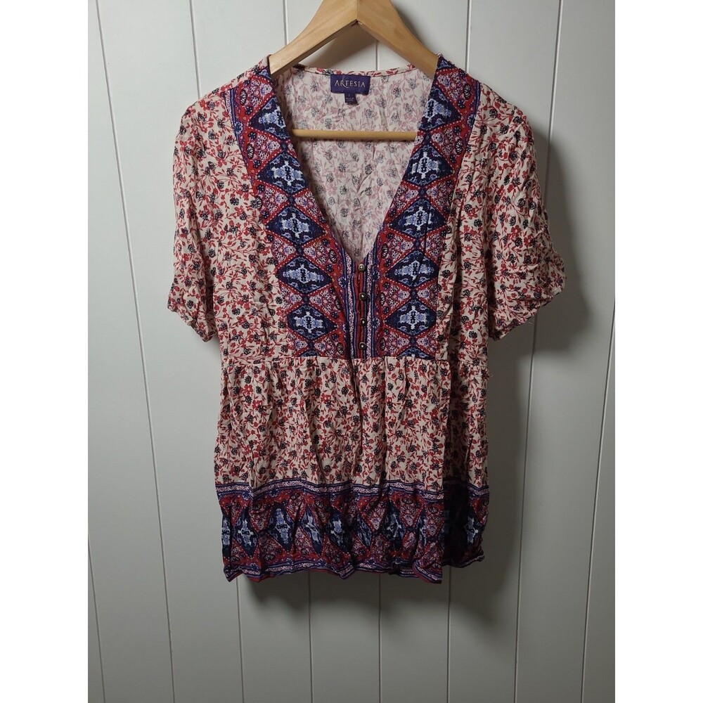 Artesia Boho Floral Peasant Shirt Top Womens Size Large Baby Doll Artsy